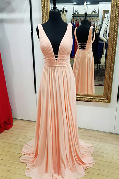 A-Line Deep V-Neck Sweep Train Peach Chiffon Backless Prom Dress LR345