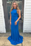 Mermaid Bateau Sweep Train Royal Blue Stretch Satin Prom Dress with Pleats LR176