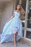 A-Line Off-the-Shoulder Hi-Low Light Blue Lace Prom Dress PDA369 | ballgownbridal