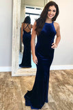 Mermaid Jewel Sweep Train Navy Blue Criss-Cross Straps Velvet Prom Dress LR174