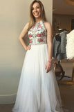 Two Piece Jewel Sweep Train White Lace Prom Dress with Beading Embroidery LR178