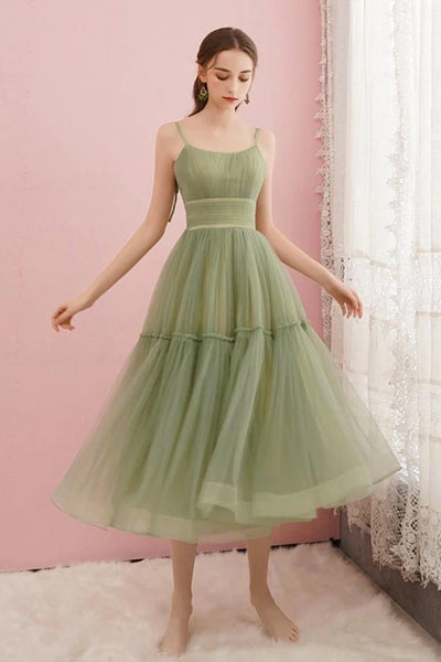Simple Green Tulle Spaghetti Straps Mid Length Homecoming Dress PDA422 | ballgownbridal