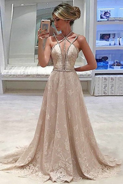 A-Line Cross Neck Sweep Train Criss-Cross Straps Champagne Lace Beaded Prom Dress LR430 | ballgownbridal