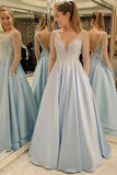 A-Line Deep V-Neck Floor-Length Long Sleeves Light Blue Satin Backless Beaded Prom Dress LR391 | ballgownbridal