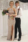 Mermaid Crew Floor-Length Champagne Sequined Sleeveless Split Prom Dress LR85