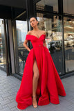 A Line Off the Shoulder Red Satin Long Prom Evening Dresses with Split Front PDA012 | ballgownbridal