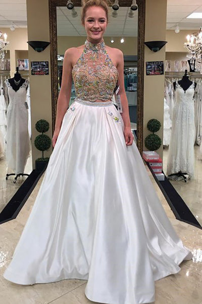 Two Piece High Neck Sweep Train White Satin Appliques Prom Dress with Pockets LR325