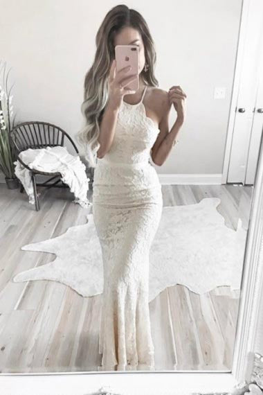 Mermaid Halter Floor-Length Sleeveless Ivory Lace Prom Dress with Sash AHC668 | balgownbridal