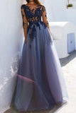 Bateau Long Sleeves Blue Tulle Floor Length Prom Evening Dresses with Appliques PDA188 | ballgownbridal