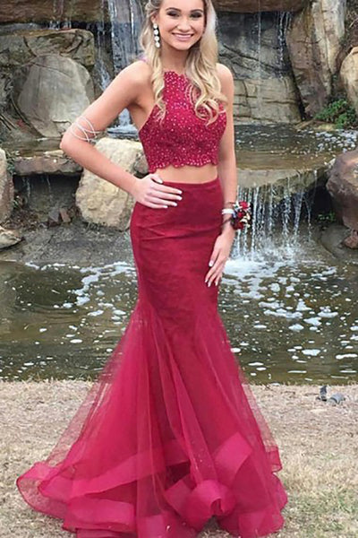 Two Piece Crew Sweep Train Criss-Cross Straps Dark Red Tulle Beaded Prom Dress LR341