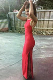 Mermaid Crew Floor-Length Backless Split-Side Red Stretch Satin Prom Dress AHC672 | ballgownbridal