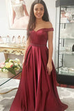 A-Line Off-the-Shoulder Sweep Train Burgundy Satin Sleeveless Prom Dress with Beading LR95