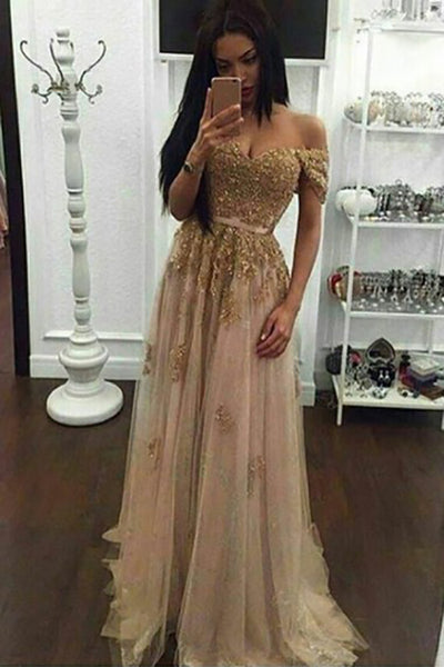 A-Line Off-the-Shoulder Sweep Train Champagne Tulle Prom Dress with Appliques LR465 | ballgownbridal
