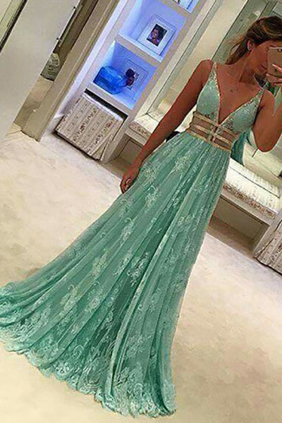 A-Line Deep V-Neck Sweep Train Green Lace Backless Prom Dress with Sequins LR448