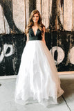Black And White Spotted Tulle V Neck Long A Line Prom Dress PDA500 | ballgownbridal