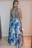 A-Line Jewel Floor-Length Blue Printed Satin Prom Dress with Beading Pockets LR477 | ballgownbridal
