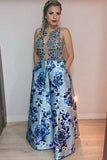 A-Line Jewel Floor-Length Blue Printed Satin Prom Dress with Beading Pockets LR477 | ballgownbridal