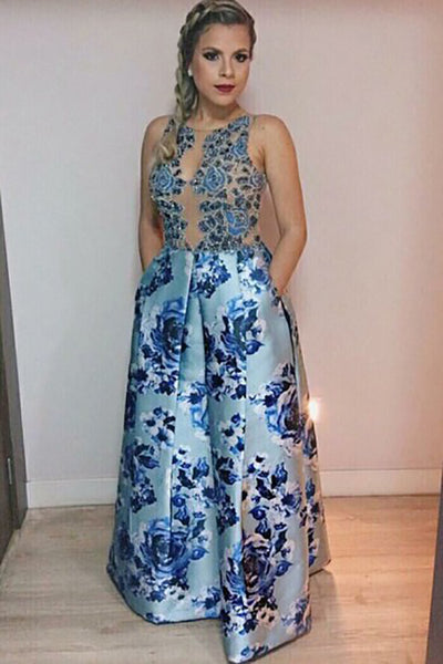 A-Line Jewel Floor-Length Blue Printed Satin Prom Dress with Beading Pockets LR477 | ballgownbridal