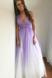 A-Line Deep V-Neck Floor-Length Purple Gradient Tulle Backless Prom Dress with Beading LR96