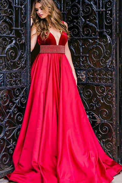 A-Line Deep V-Neck Sweep Train Red Satin Backless Prom Dress with Beading LR238