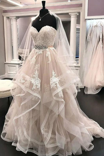 Sweetheart White Wedding Dresses Appliques Beading with Ruffles PDA161 | ballgownbridal