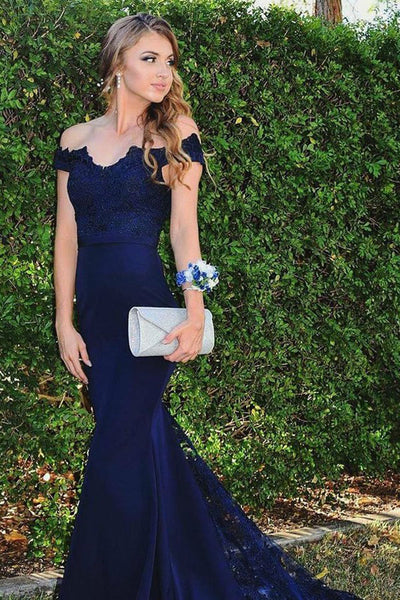 Mermaid Off-the-Shoulder Sweep Train Navy Blue Prom Dress with Appliques PDA527 | ballgownbridal