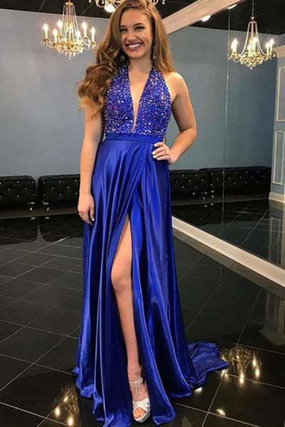 A-Line Deep V-Neck Sweep Train Royal Blue Satin Split Prom Dress with Beading LR239