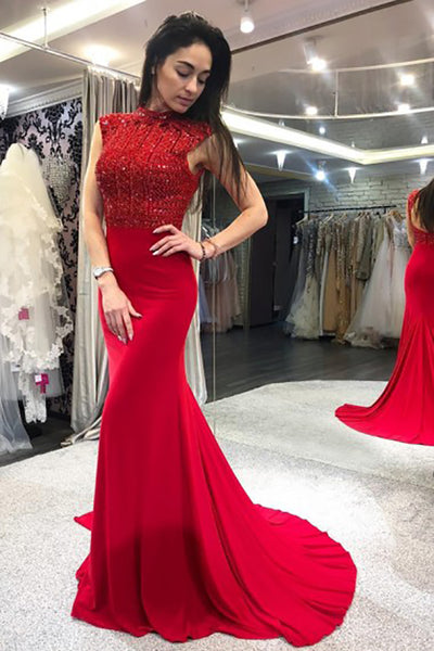 Mermaid High Neck Open Back Sweep Train Red Prom Dress with Beading LR33