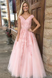A-Line V-Neck Cap Sleeves Pink Tulle Beaded Appliques Prom Dress PDA467 | ballgownbridal