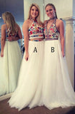 Two Piece High Neck Sweep Train White Tulle Open Back Prom Dress with Embroidery LR223