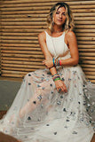 A-Line Crew Floor-Length White Tulle Backless Prom Dress with Appliques LR179