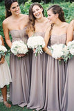 A-Line Strapless Floor-Length Grey Chiffon Bridesmaid Dress with Ruched AHC616 | ballgownbridal