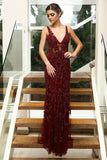 Mermaid Deep V-Neck Floor-Length Burgundy Tulle Backless Prom Dress with Beading LR198