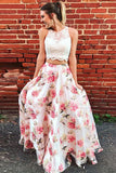 Two Piece Jewel Sweep Train Pink Printed Tulle Sleeveless Prom Dress with Appliques LR63