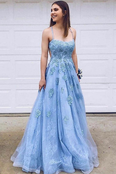 Blue Lace Tulle Spaghetti Straps Long Prom Dress PDA499 | ballgownbridal