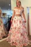 Two Piece Off-the-Shoulder White Printed Chiffon Prom Dress with Appliques Beading LR225