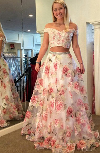 Two Piece Off-the-Shoulder White Printed Chiffon Prom Dress with Appliques Beading LR225