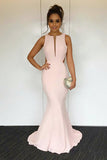 Mermaid Jewel Sweep Train Pink Satin Cut Out Sleeveless Prom Dress LR399