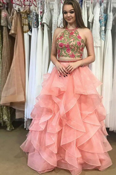 Two Piece Jewel Floor-Length Pink Tulle Ruffles Prom Dress with Appliques Beading LR397