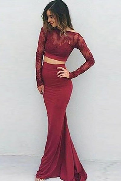 Two Piece Sweep Train Long Sleeves Burgundy Stretch Satin Prom Dress with Lace LR60