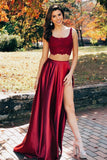 Two Piece Scoop Lace Up Floor-Length Burgundy Prom Dress with Lace Split PDA389 | ballgownbridal