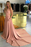 A-Line High Neck Court Train Coral Prom Dress with Pockets PDA275 | ballgownbridal