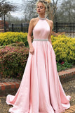 A-Line Jewel Sweep Train Pink Satin Open Back Sleeveless Prom Dress with Beading LR153