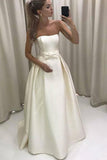 A-Line Sweetheart Sweep Train Ivory Satin Wedding Dress with Bowknot AHC585 | ballgownbridal