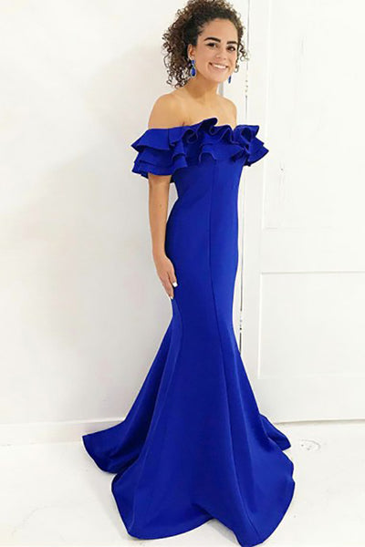 Mermaid Off-the-Shoulder Sweep Train Royal Blue Satin Prom Dress with Ruffles LR157