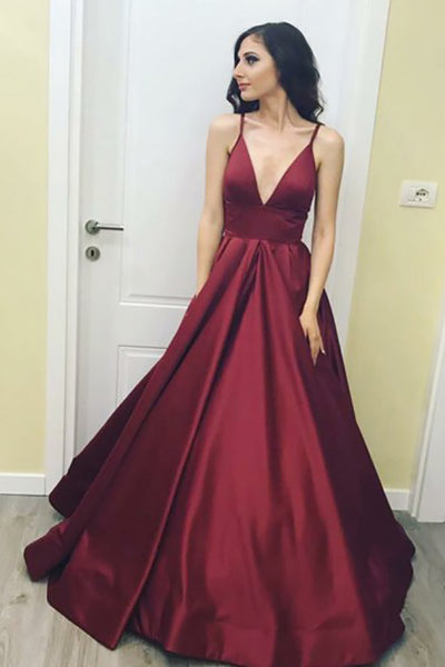 A-Line Deep V-Neck Sweep Train Burgundy Satin Backless Prom Dress AHC510