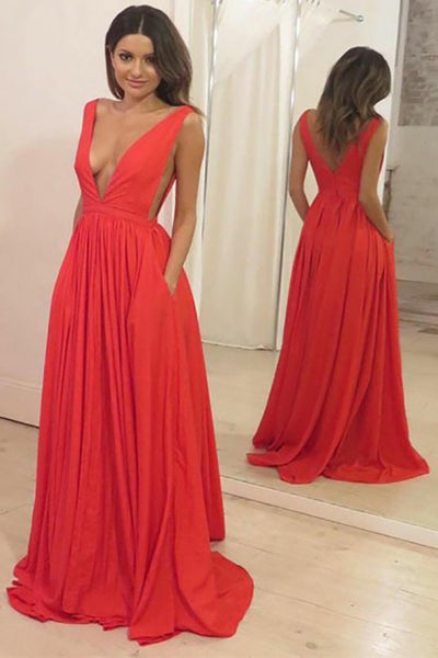 A-Line Deep V-Neck Sweep Train Red Chiffon Backless Prom Dress with Pockets LR369
