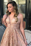 A-Line Deep V-Neck Sweep Train Pink Lace Sleeveless Backless Prom Dress with Beading LR87