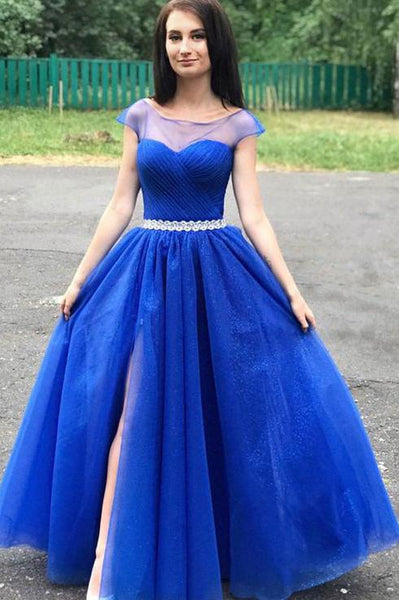 Royal Blue Tulle Cap Sleeve Long Prom Dress With Slit PDA491 | ballgownbridal