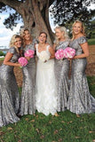 Mermaid Crew Sweep Train Cap Sleeves Silver Sequined Bridesmaid Dress AHC607 | ballgownbridal